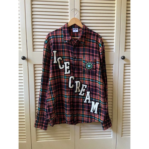 Icecream Felt Varsity Spell Out Plaid Button Up LS Shirt Pharrell Williams XXL